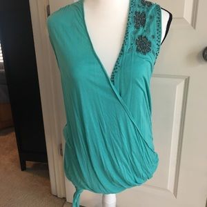 Anthropologie NWT Teal embroidered blouse